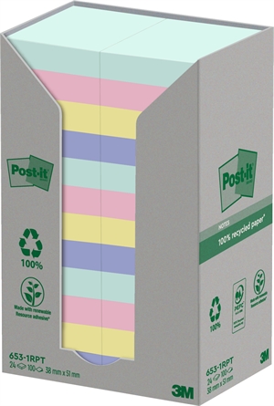 3M Post-it Recyklované mix farby 38 x 51 mm, 100 listov - 24 balení