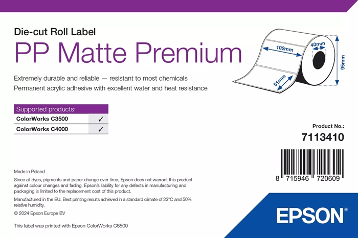 Epson PP Matný Štítok Premium, Predvytvarované štítky, 102 x 51 mm (535 štítkov)