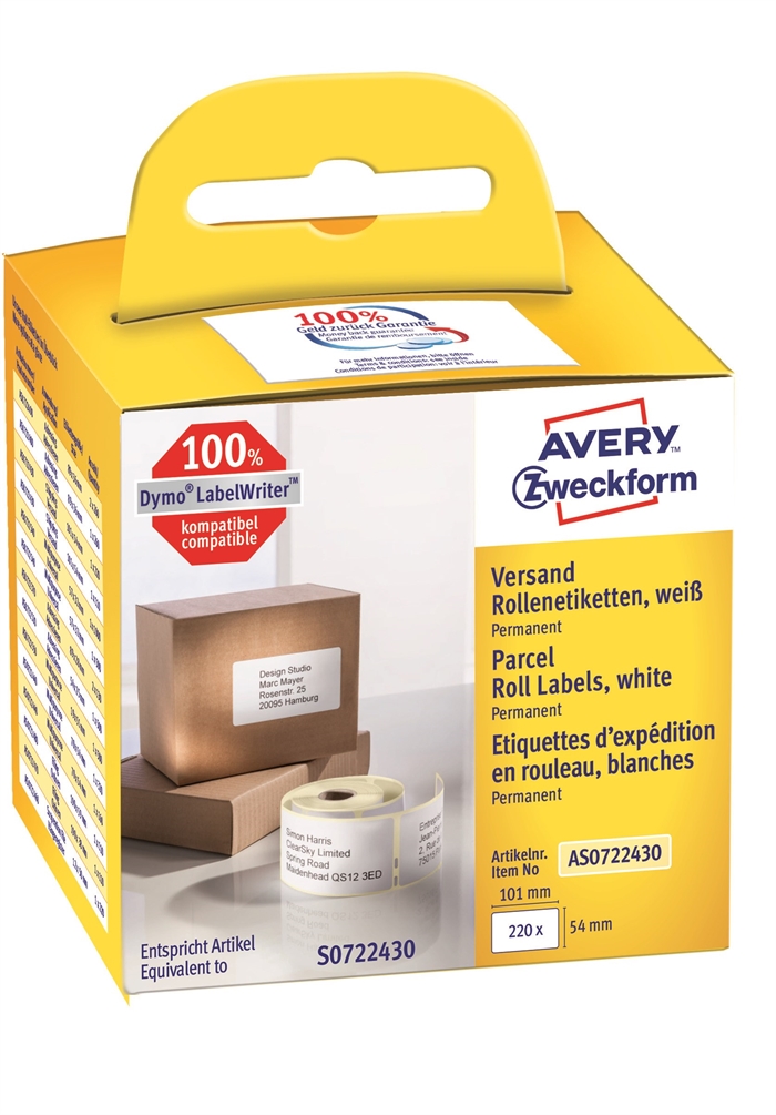 Avery etiketa na balíček na valčeku ve veľkosti 101 x 54 mm, 220 kusov.