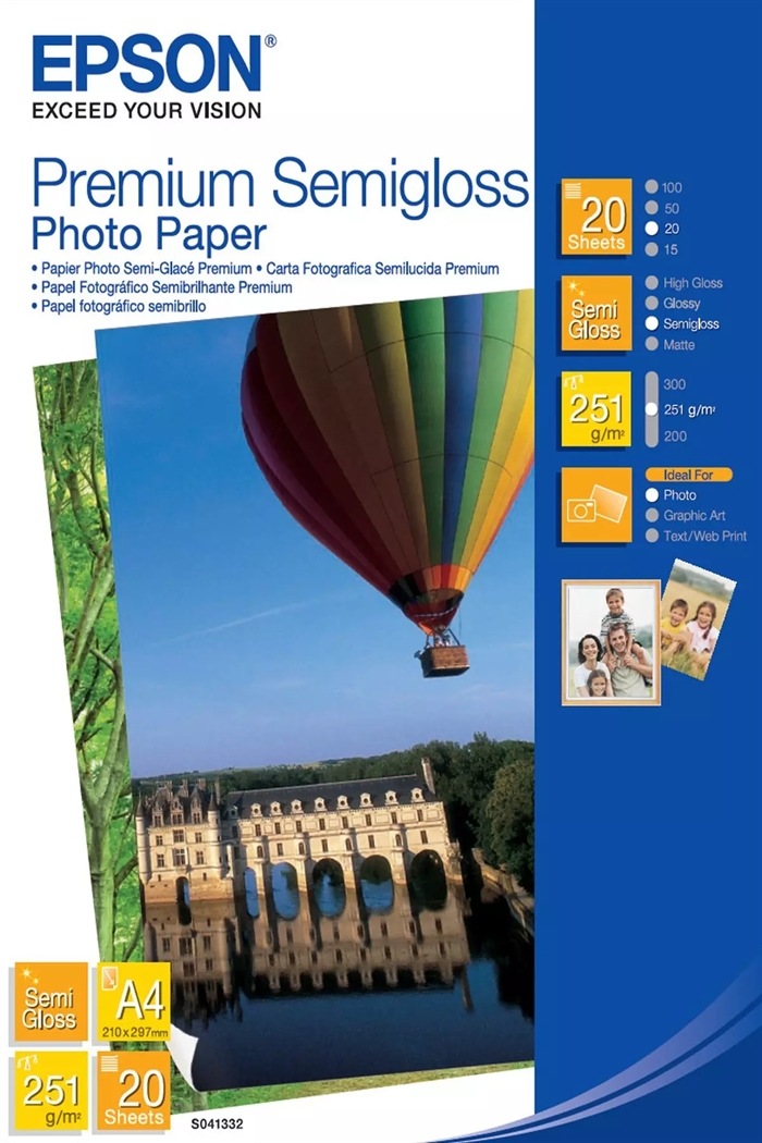 Epson A4 Prémiový pololesklý fotografický papier 251 g/m², 20 hárkov