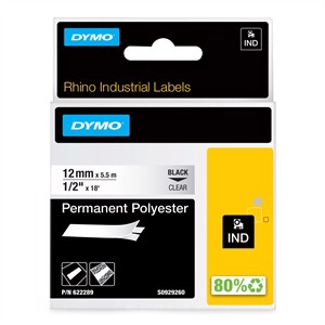 Pásový Rhino 12 mm x 5,5 m, trvalý polyester, čiernobiely/číra.